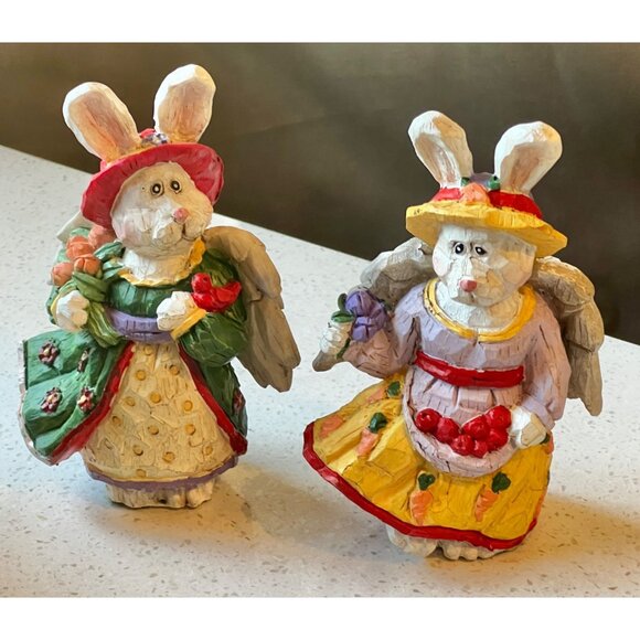 N/A Other - Two Bunny Garden Angel Figurines With Hats & Dresses Hand-Painted Decor